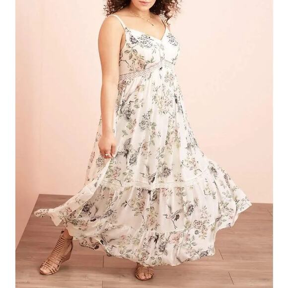 Torrid White Spaghetti Strap A Line Maxi Dress Plus Size 1X floral bird pattern - Picture 1 of 14